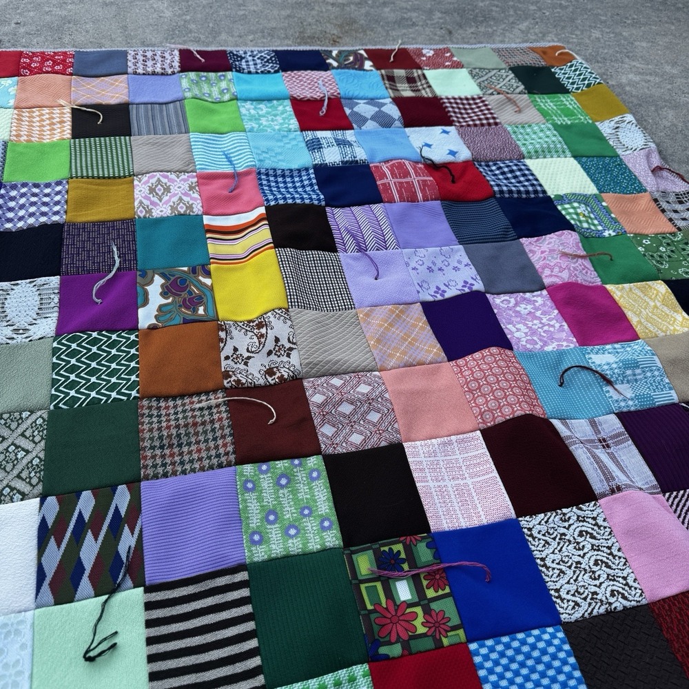 Vtg 1970's Polyester Double Knit Handmade Squares Blanket/Quilt‎ 48" X 58" - Picture 5 of 12